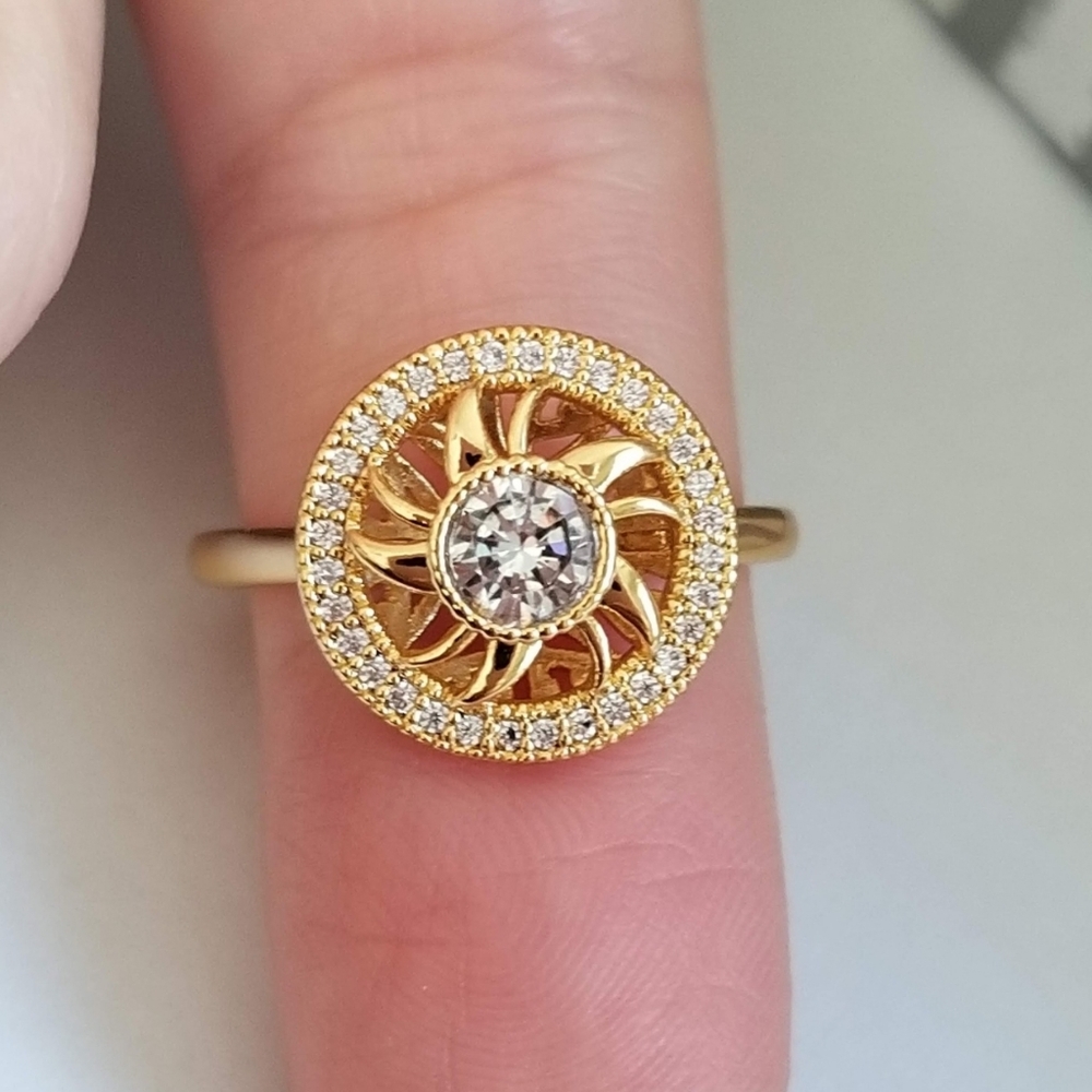 New 18K Gold Plated Diamond Circle Sun Ring for Women - Picture 5 of 8